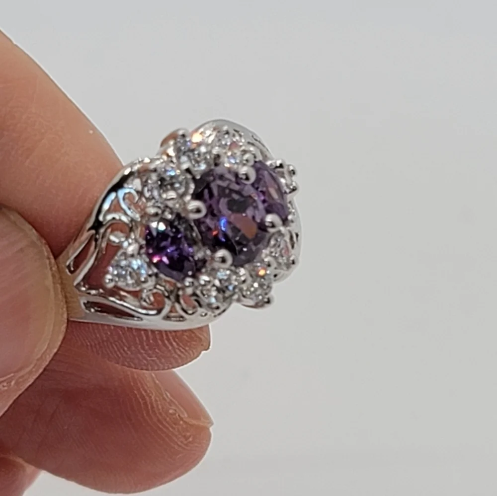 925 Sterling Silver White Gold Plated ring Simulated Amethyst size 6.75